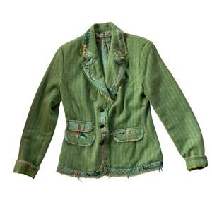 Muchacha Boho Fringe Blazer Size 6 Mixed Materials Green Button Front